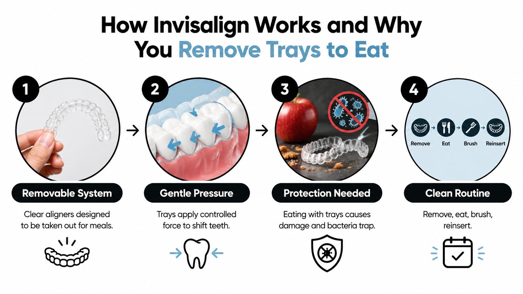 An infographic showing a four-step process for using and cleaning removable Invisalign aligners for dental health.