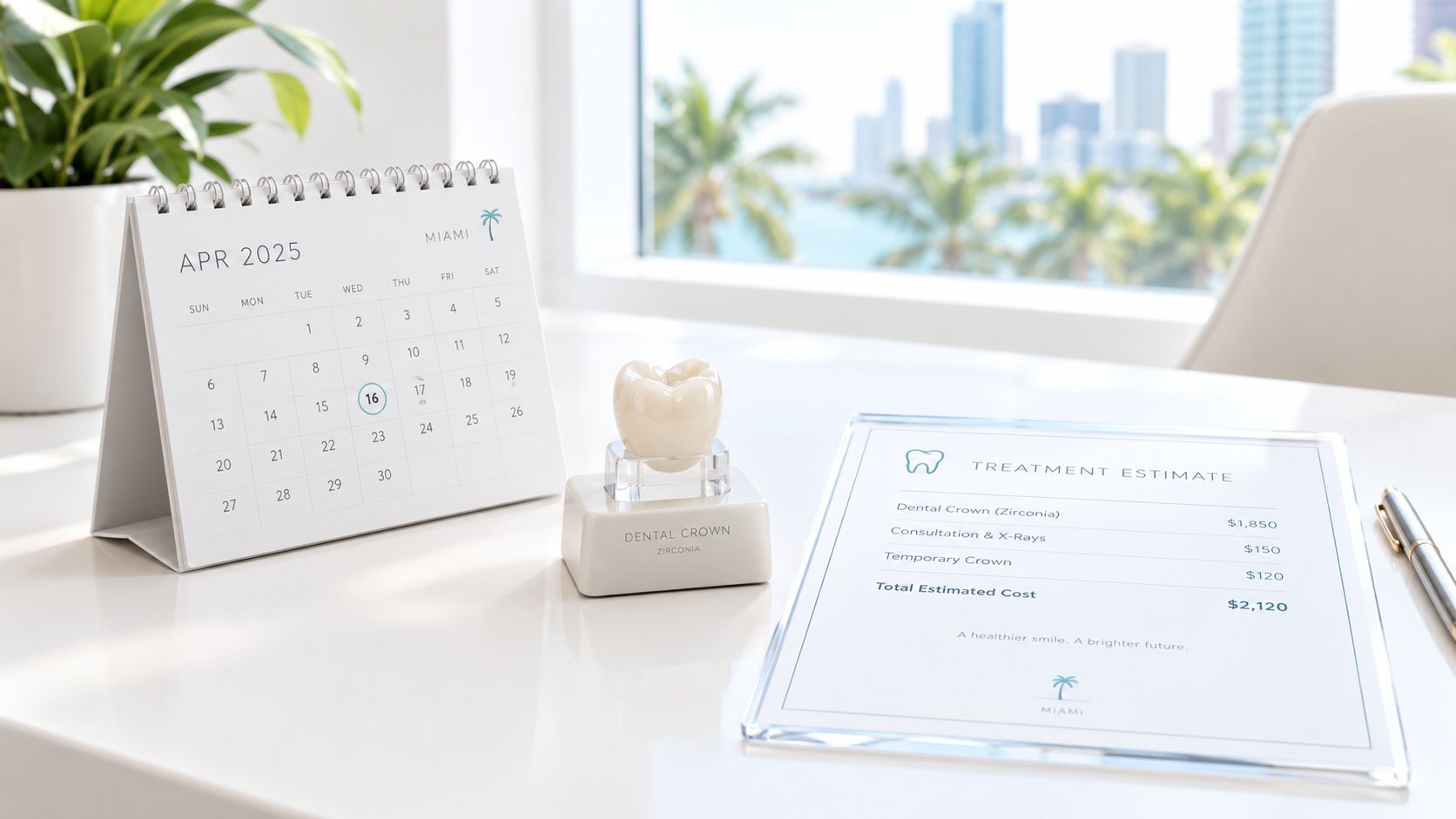 A dental treatment estimate form, a crown model, and a calendar on a clean office desk.