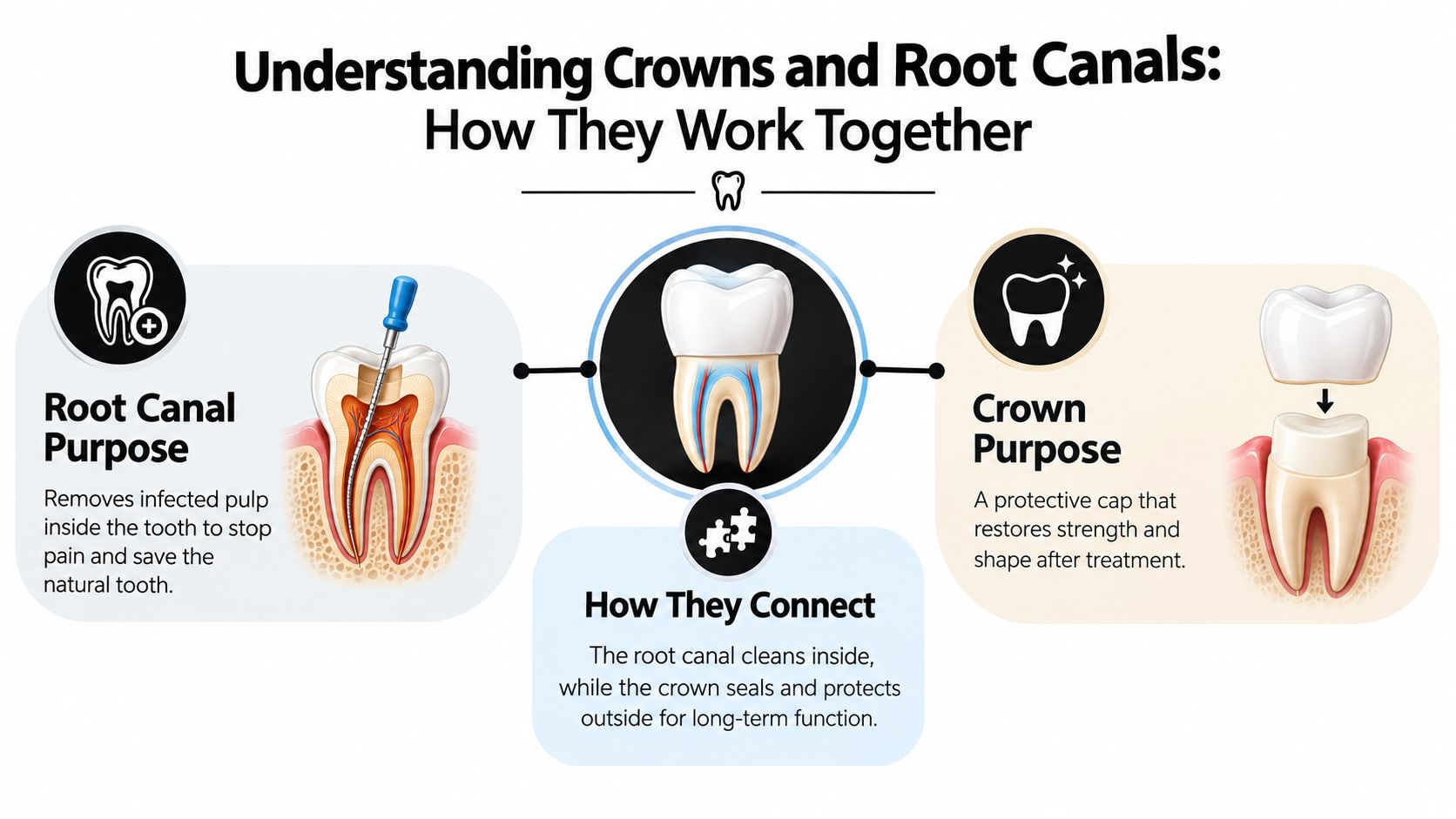 An infographic illustrating how a root canal removes infected pulp and a crown restores tooth function.