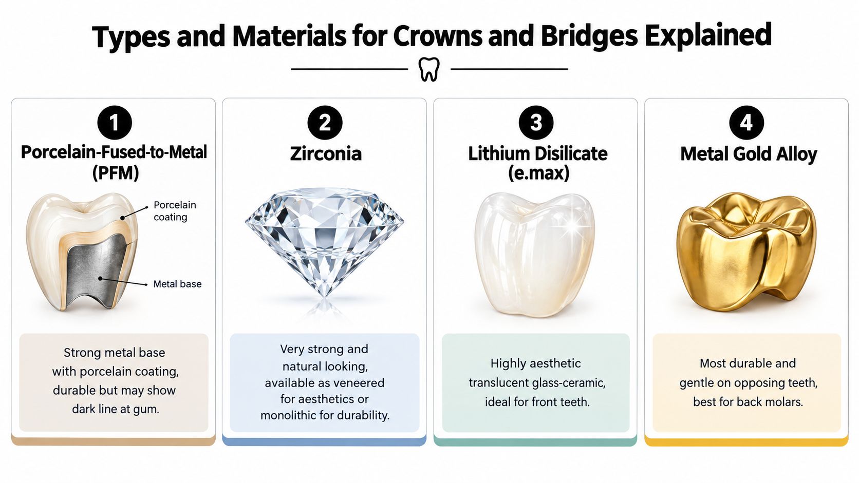 An infographic showing four common dental crown and bridge materials including PFM, zirconia, lithium disilicate, and gold.
