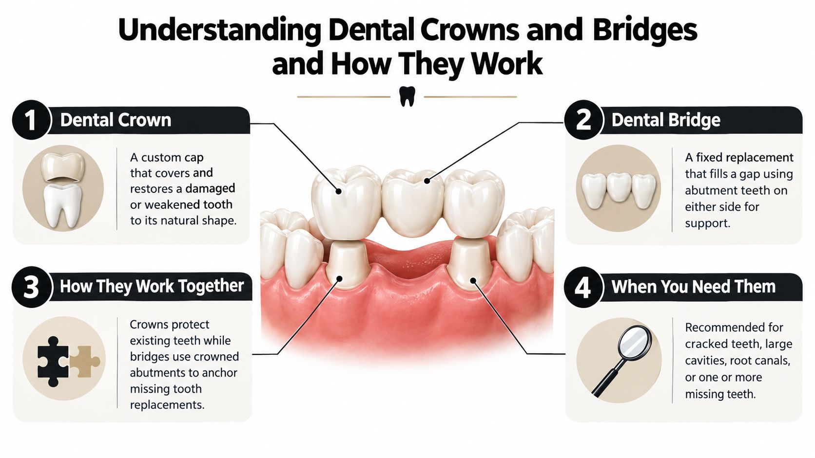 An educational infographic explaining the functions and applications of dental crowns and bridges for tooth restoration.