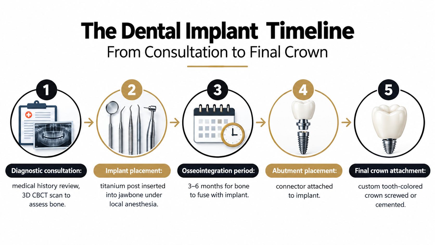 A five-step infographic showing the dental implant procedure from initial consultation to the final crown attachment.