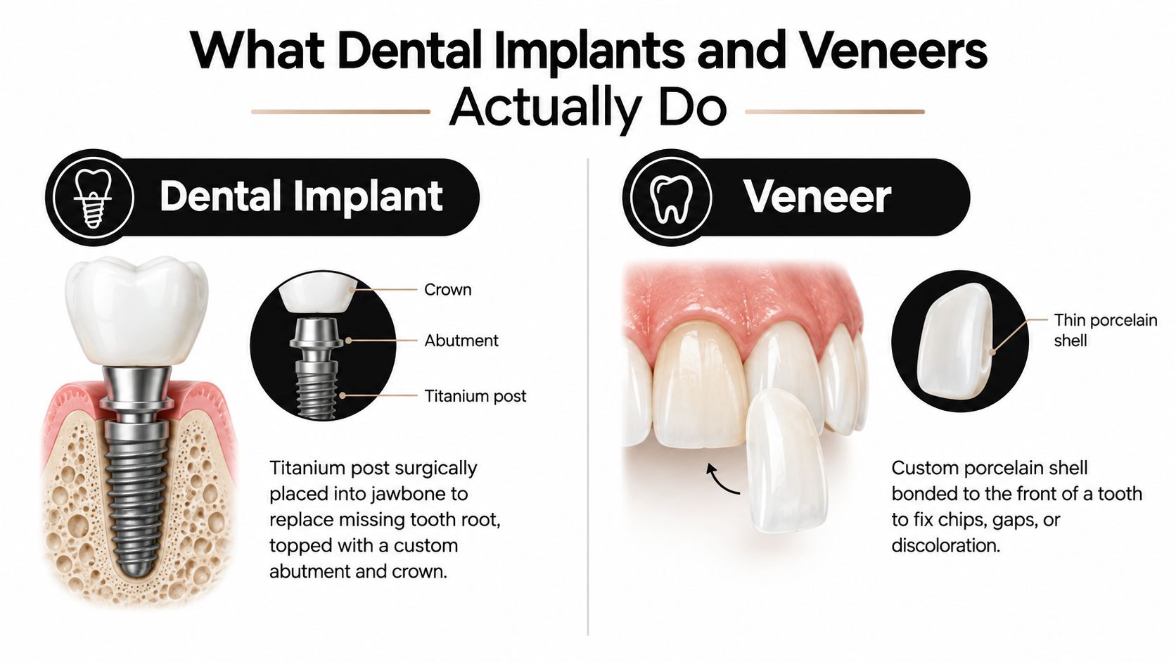 An infographic comparing dental implants and porcelain veneers, highlighting their structures and common dental applications.