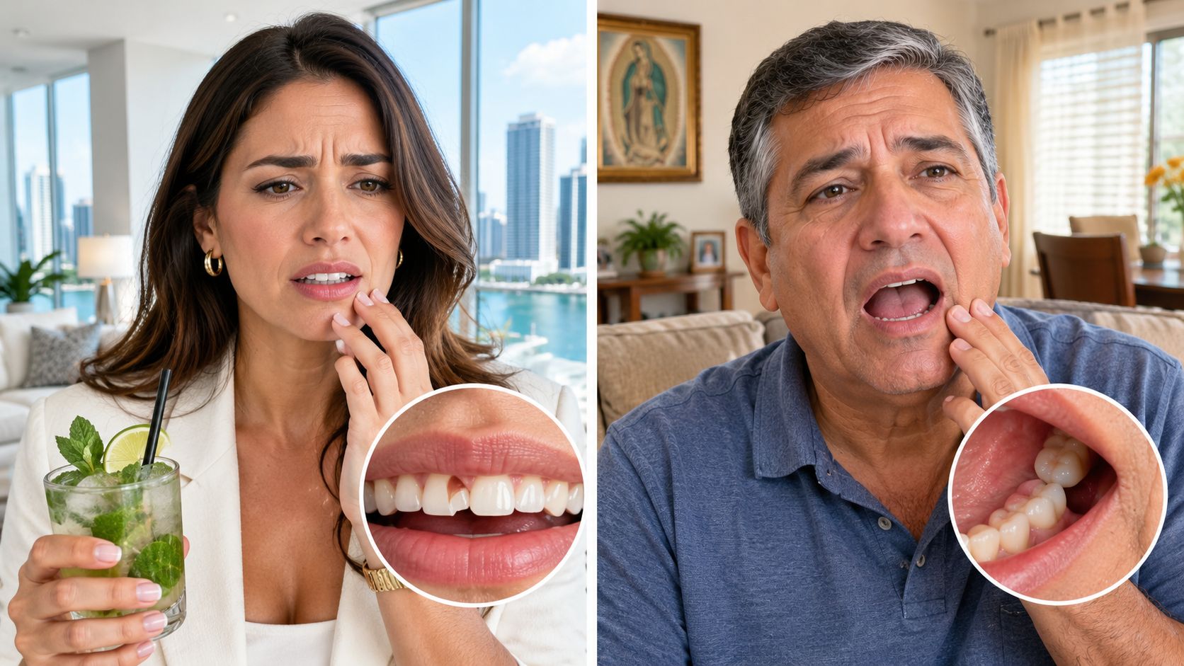 A split-screen image showing a woman with a chipped tooth and a man displaying his dental implants.