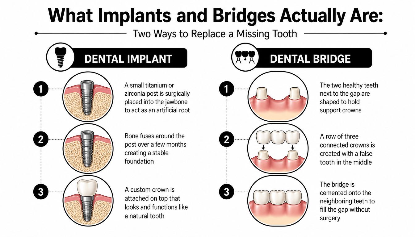 A dental infographic comparing the step-by-step procedures for installing dental implants versus dental bridges for missing teeth.