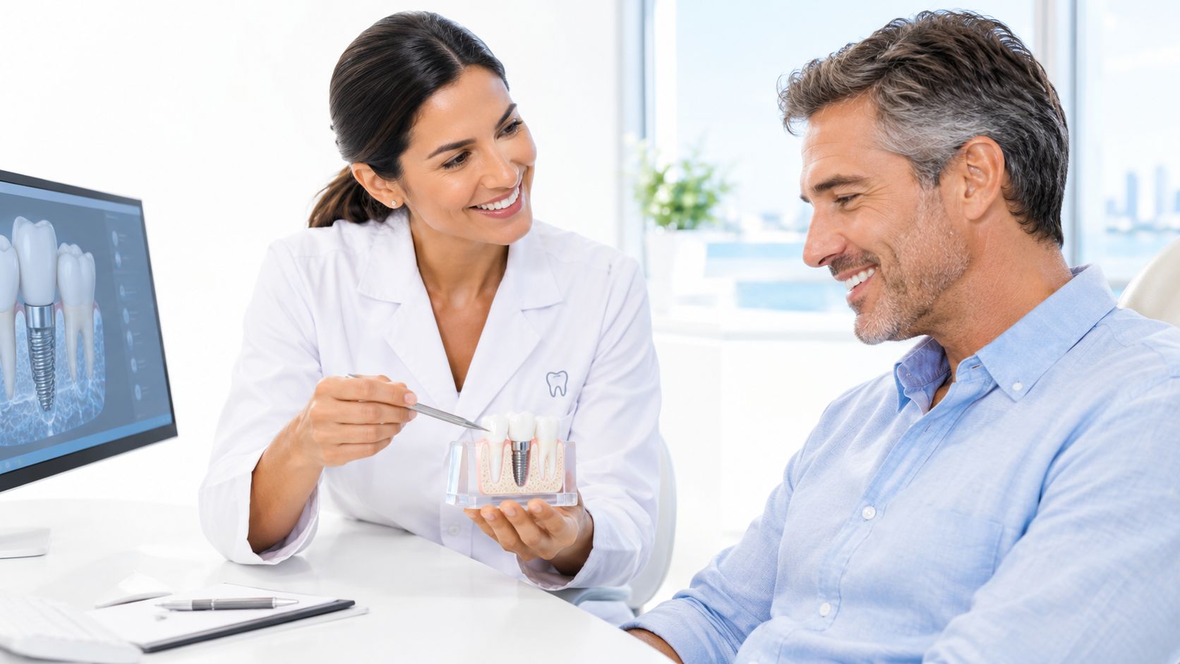 A professional dentist explains a dental implant procedure using a model to a smiling male patient.