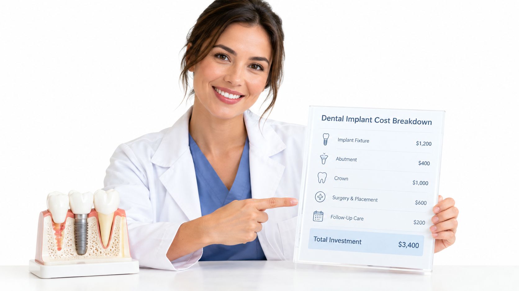 A female dentist smiling while pointing at a sign detailing the cost breakdown for dental implant procedures.