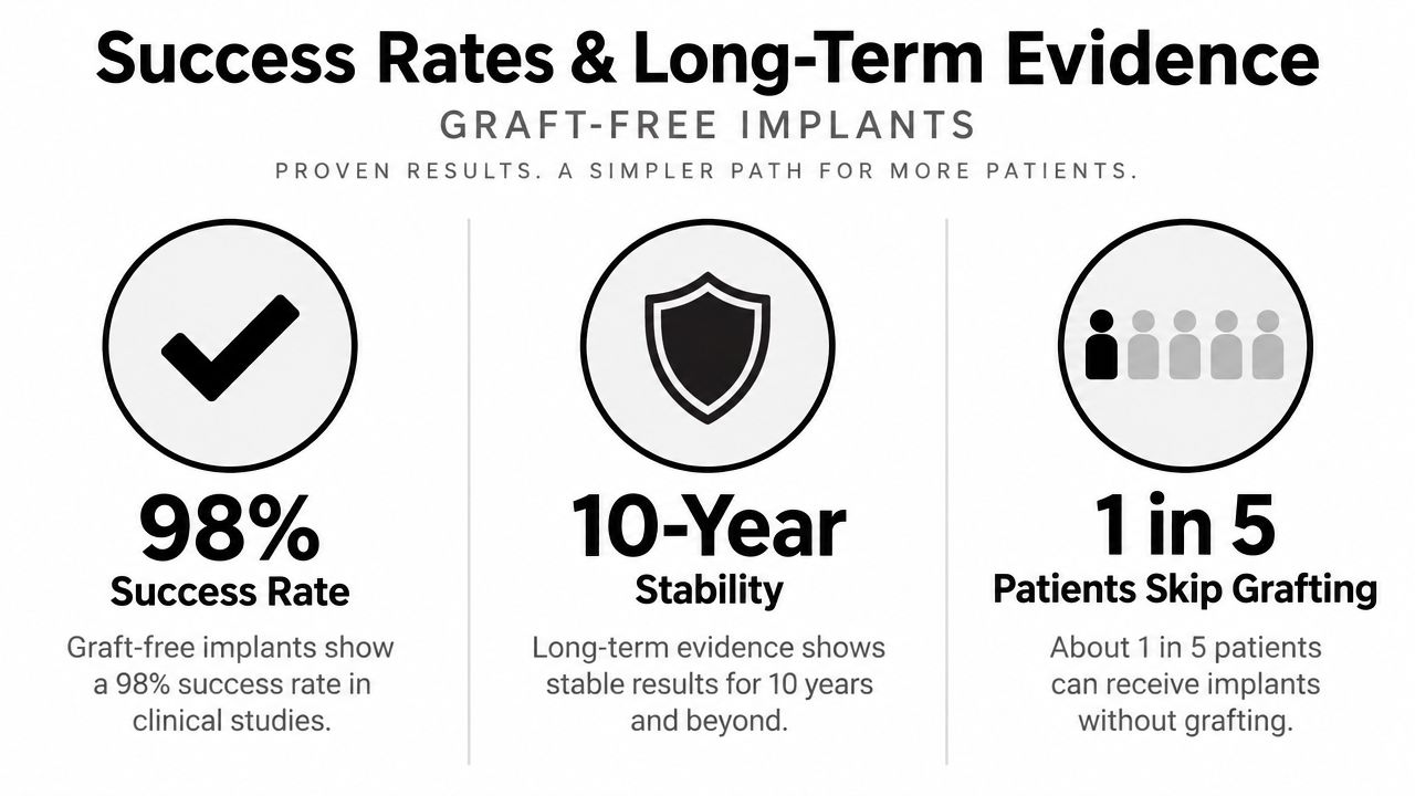 An infographic showing a 98 percent success rate, 10-year stability, and benefits of graft-free dental implants.