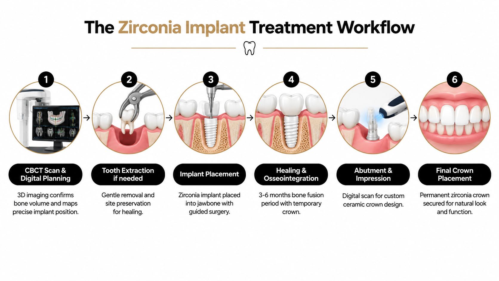 A six-step infographic illustrating the zirconia dental implant treatment process from initial digital scan to crown.