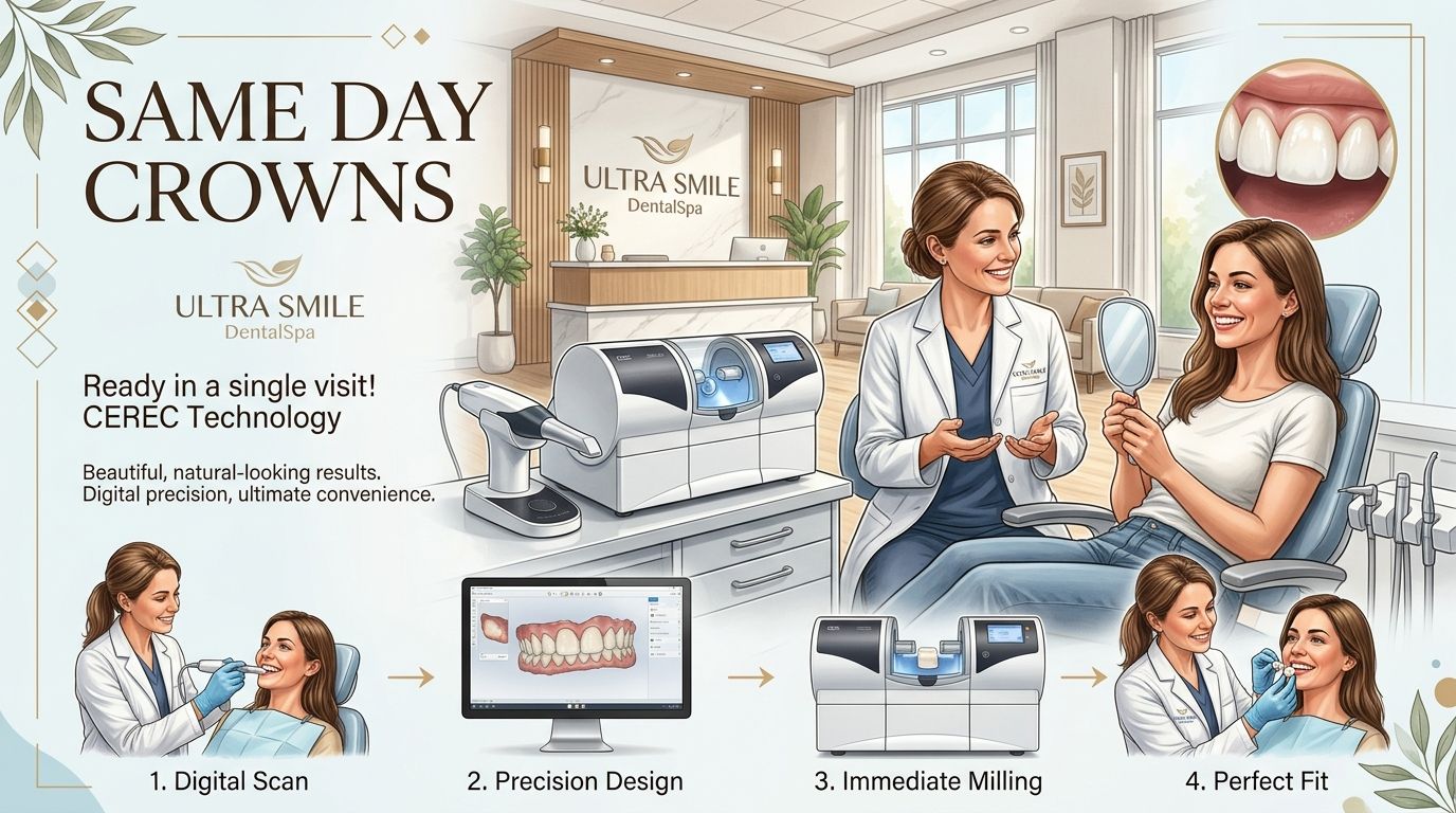 A dental clinic promotional illustration demonstrating the same-day crown process using digital CEREC technology for a patient.