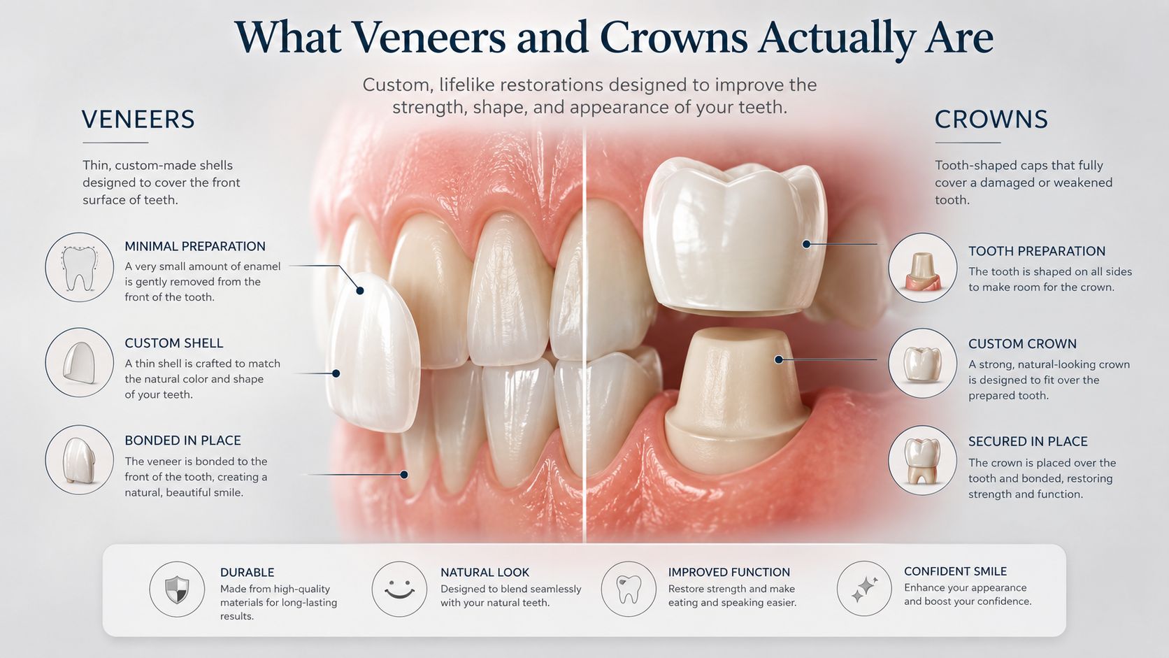 An infographic comparing dental veneers and crowns, explaining their definitions, preparation processes, and functional benefits for patients.