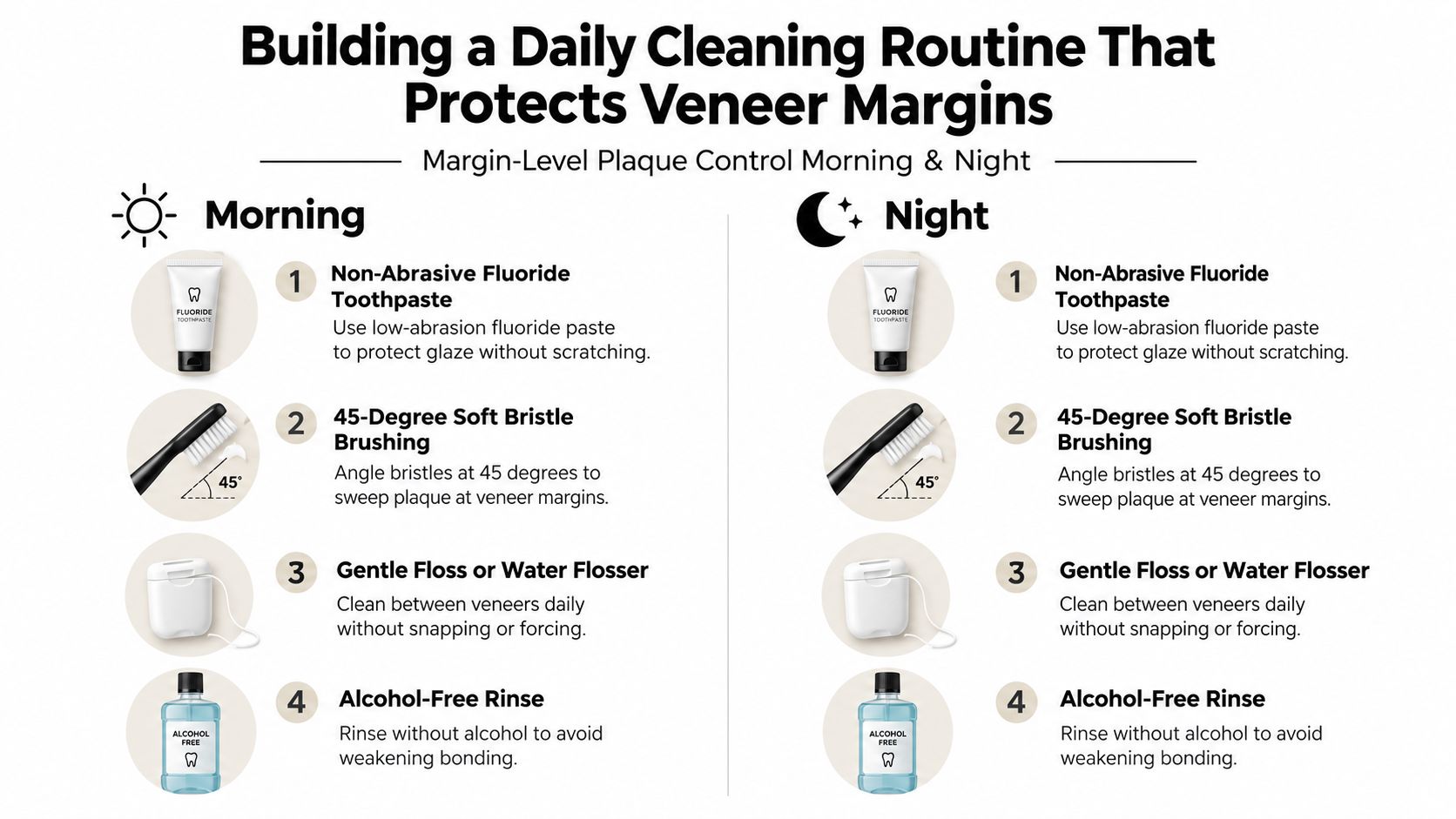 An infographic detailing a daily dental cleaning routine specifically designed to protect and maintain veneer margins.
