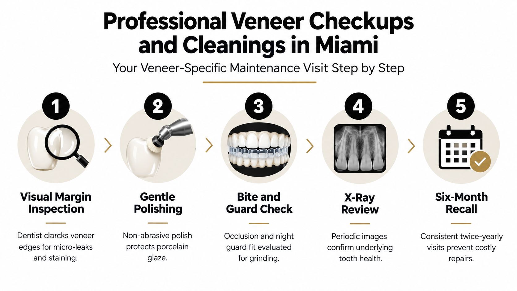 A step-by-step infographic illustrating the professional maintenance process for dental veneers including inspection, polishing, and follow-ups.