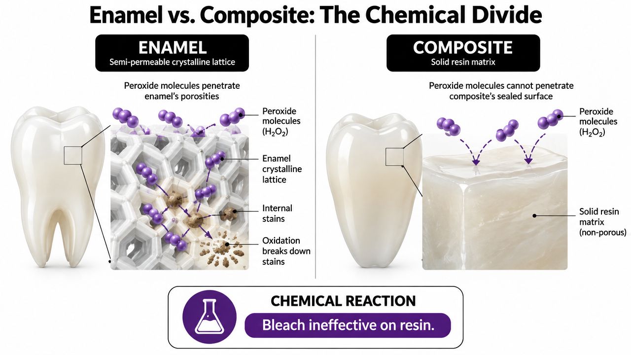 A diagram comparing how peroxide bleaching agents interact with natural tooth enamel versus dental composite resin materials.