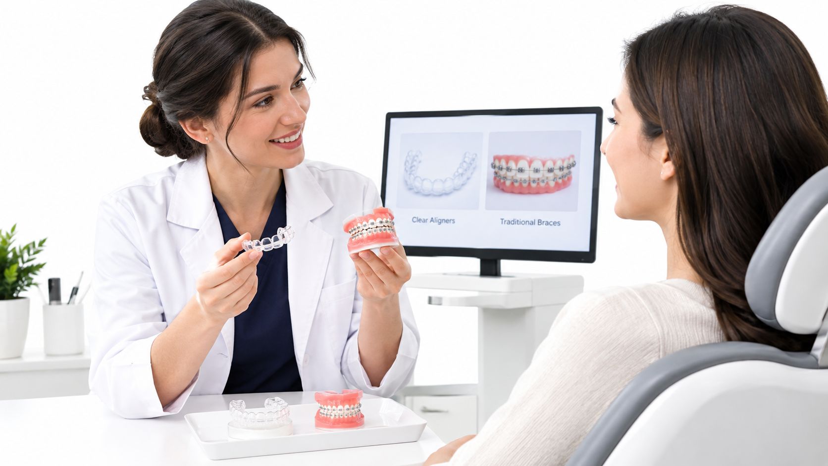 A female dentist explains the difference between clear aligners and traditional braces to a patient.