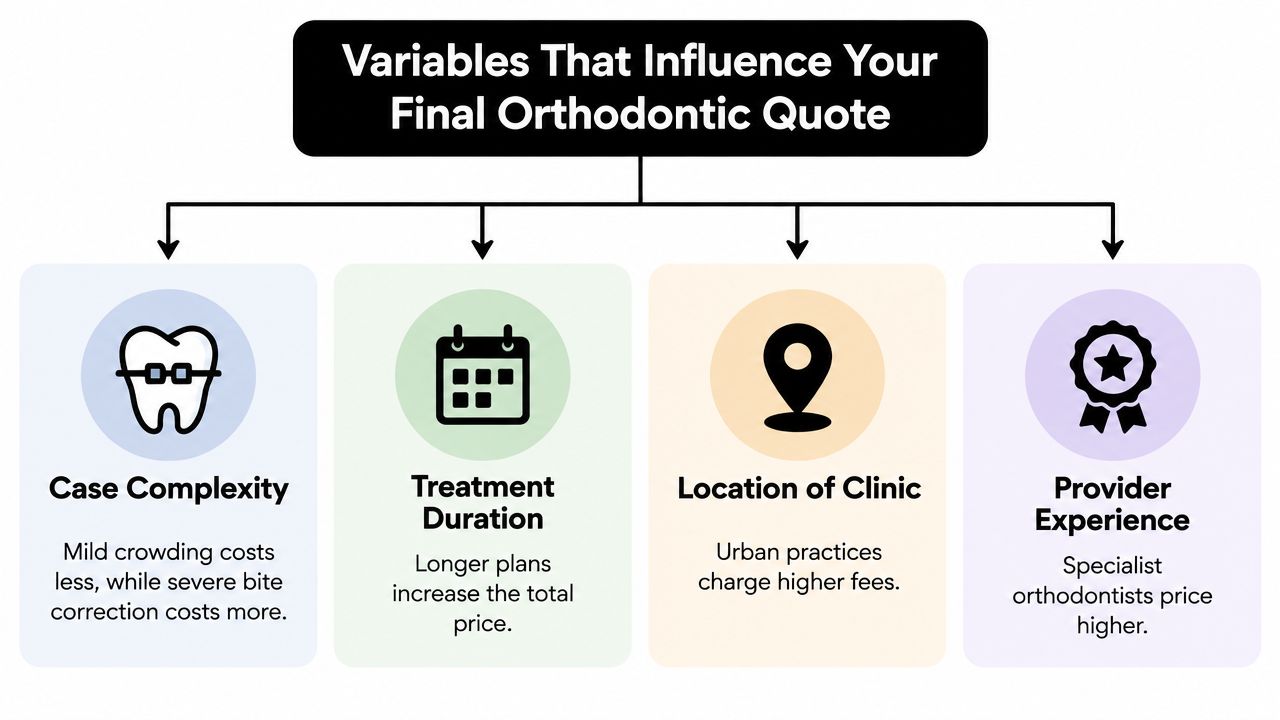 A flow chart explaining the four main variables that influence the total cost of orthodontic treatment.