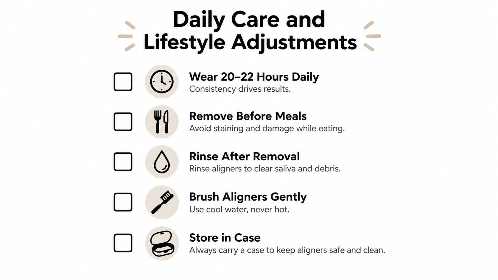 A checklist infographic titled Daily Care and Lifestyle Adjustments for maintaining clear aligners or invisible braces.