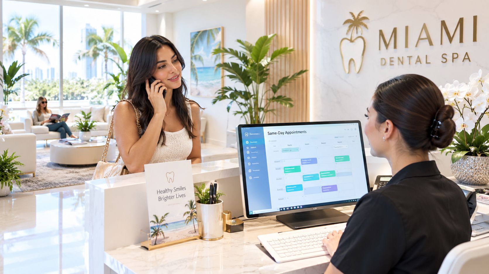 A friendly receptionist helps a patient at the front desk of a modern Miami dental spa office.