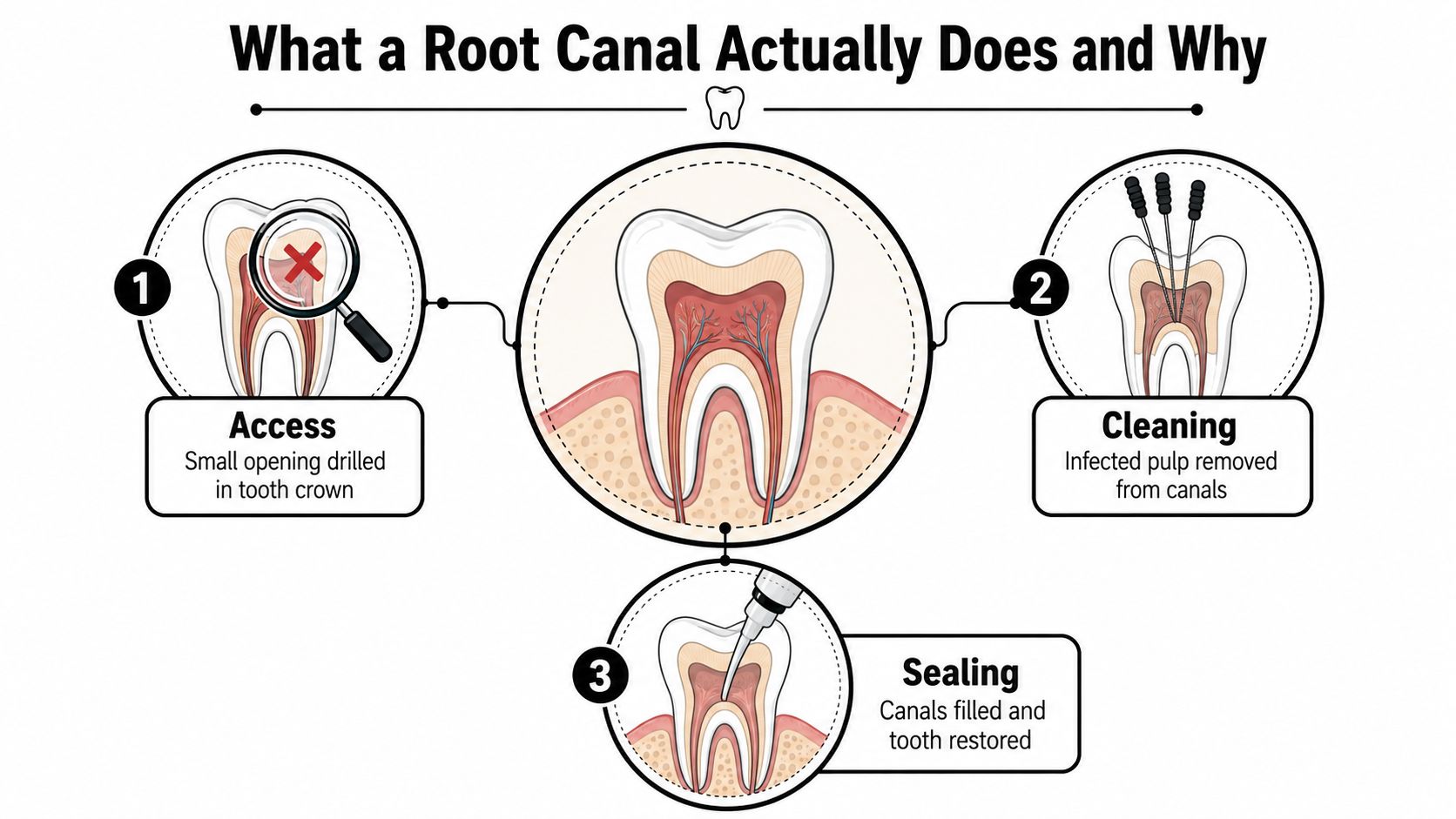 An infographic showing the three steps of a root canal procedure: access, cleaning, and sealing.