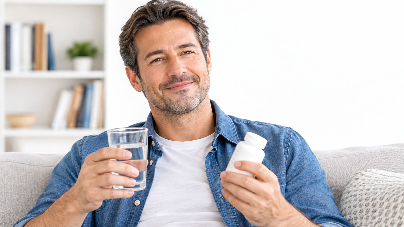 A middle-aged man sitting on a sofa while holding a glass of water and a medicine bottle.