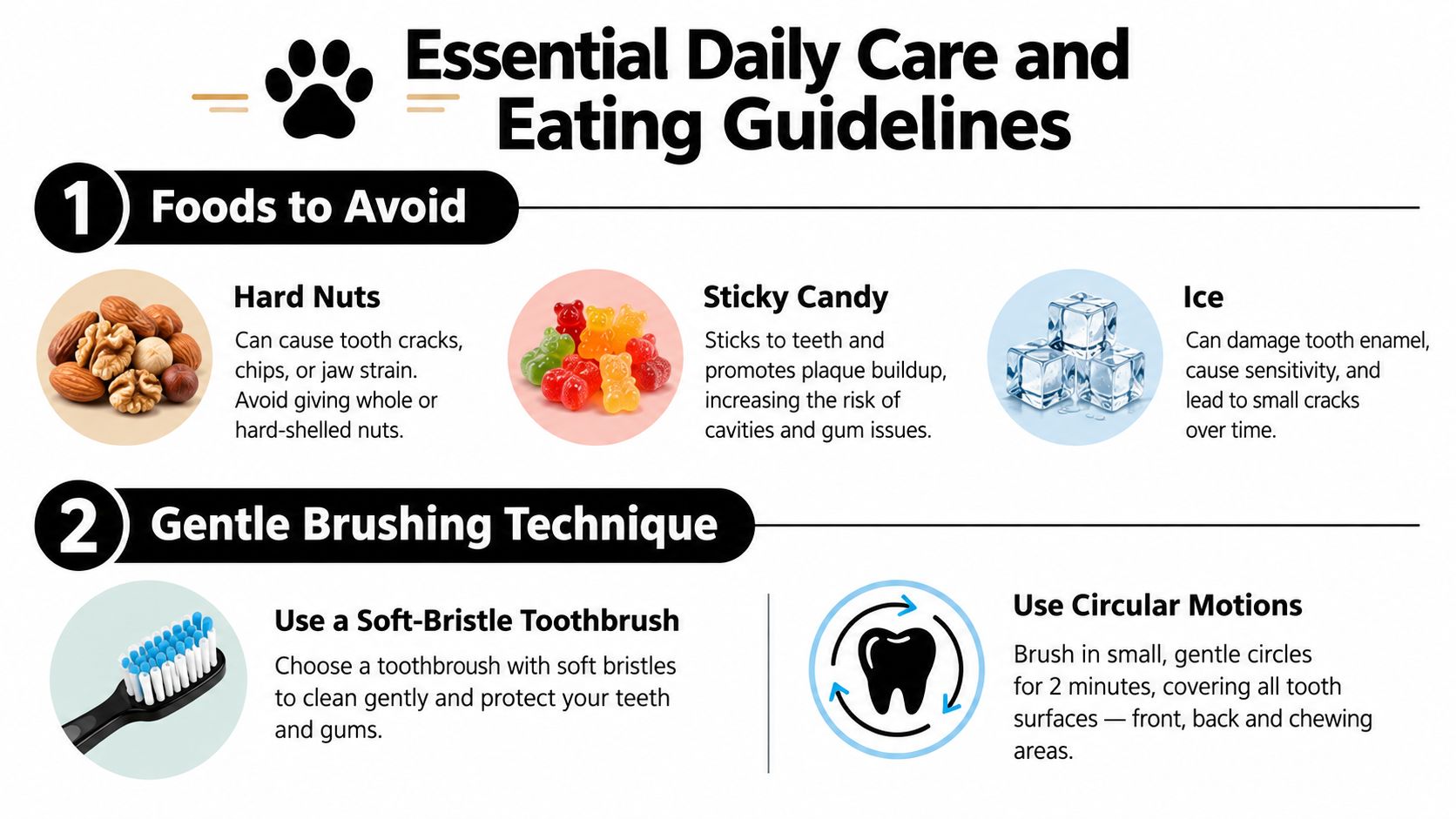 An infographic detailing essential daily oral care guidelines, including foods to avoid and proper brushing techniques.