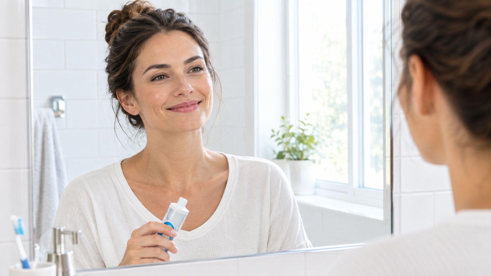 A woman holding a toothpaste tube while preparing to brush her teeth in front of a mirror.
