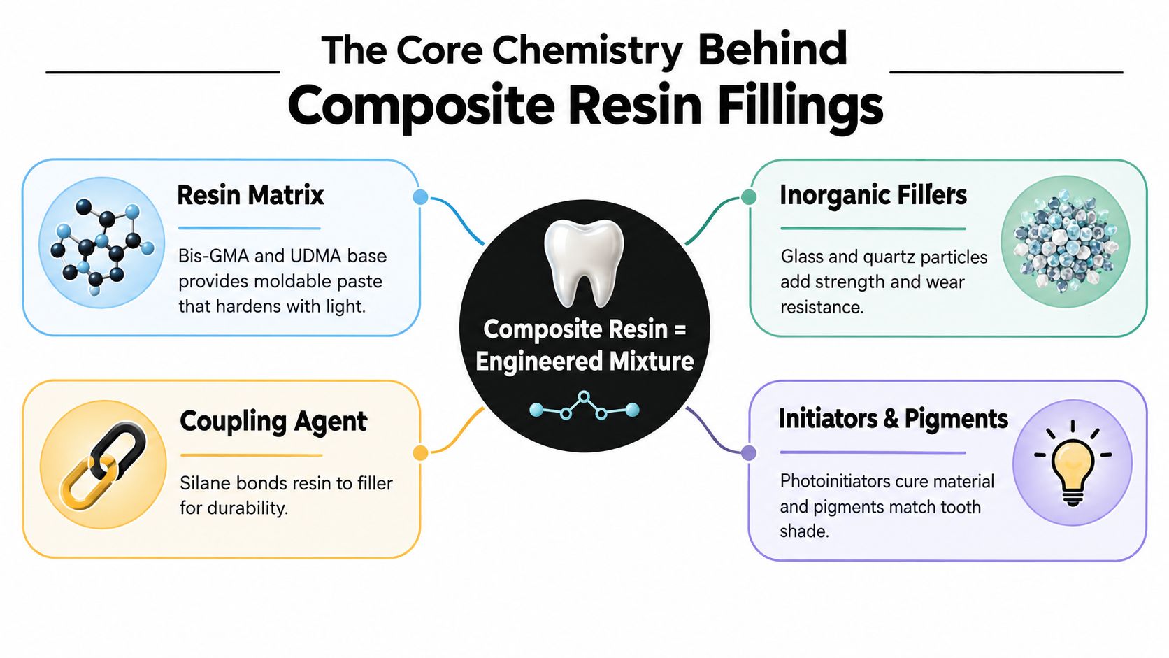 A diagram explaining the chemical components of dental composite resin fillings, including resin matrix, inorganic fillers, coupling agents, and initiators.