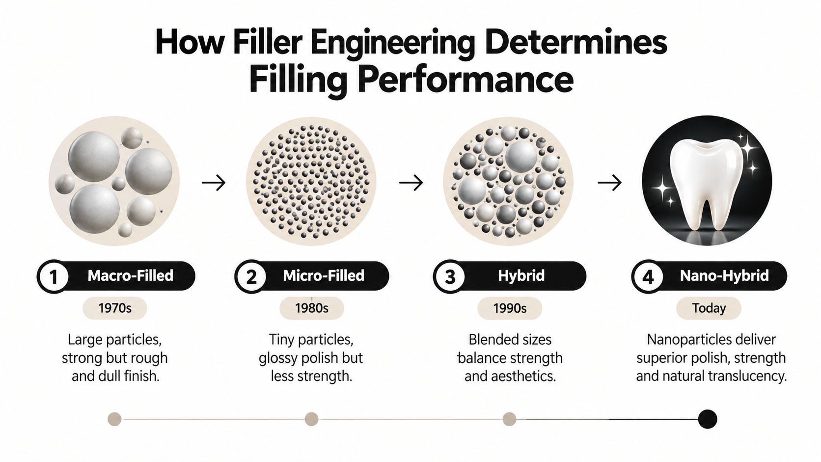 A diagram illustrating the evolution of dental filling materials from macro-filled particles to modern nano-hybrid composites.