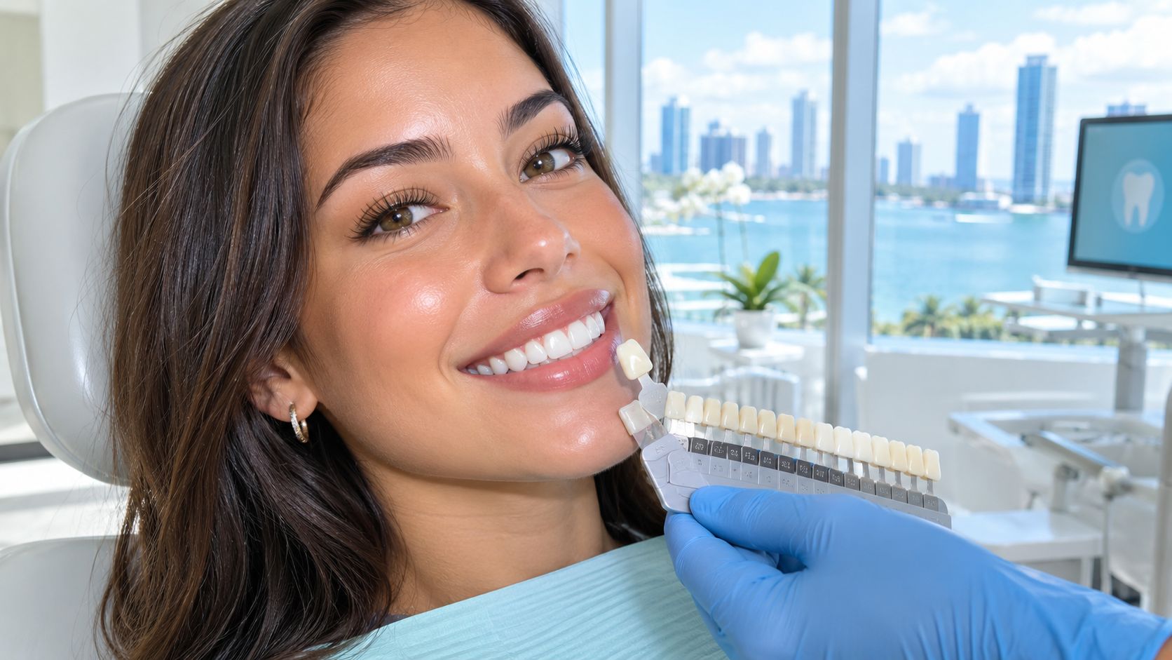 A woman smiles in a dental office while a dentist matches her tooth shade with a guide.