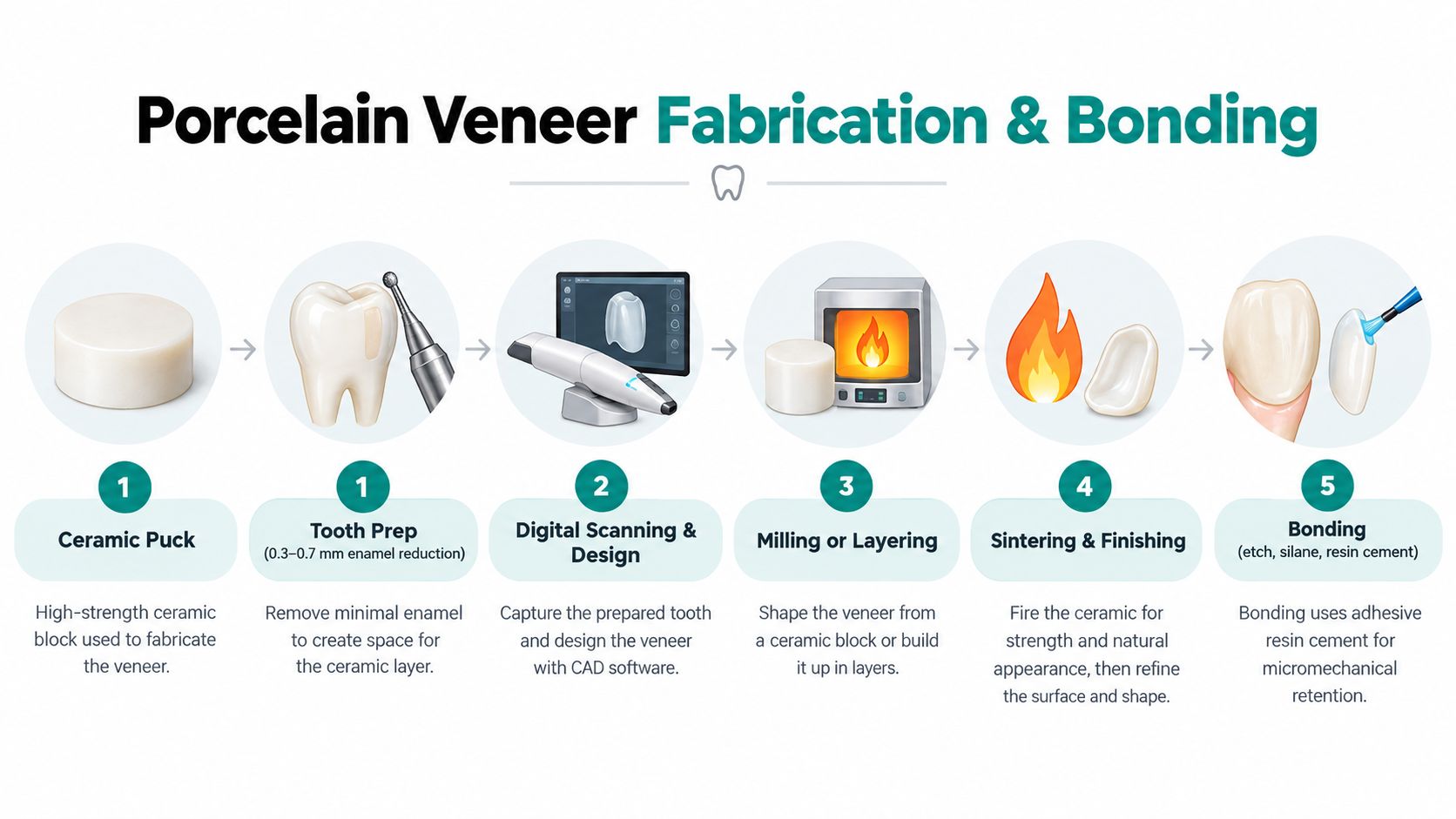 An infographic illustrating the five-step process of porcelain veneer fabrication, including tooth preparation, digital scanning, milling, and bonding.