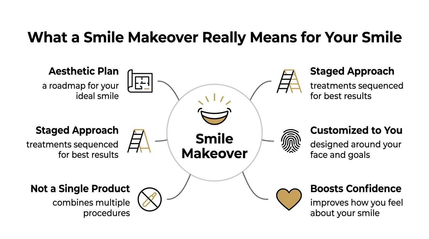 An infographic titled What a Smile Makeover Really Means explaining key components of the dental procedure.
