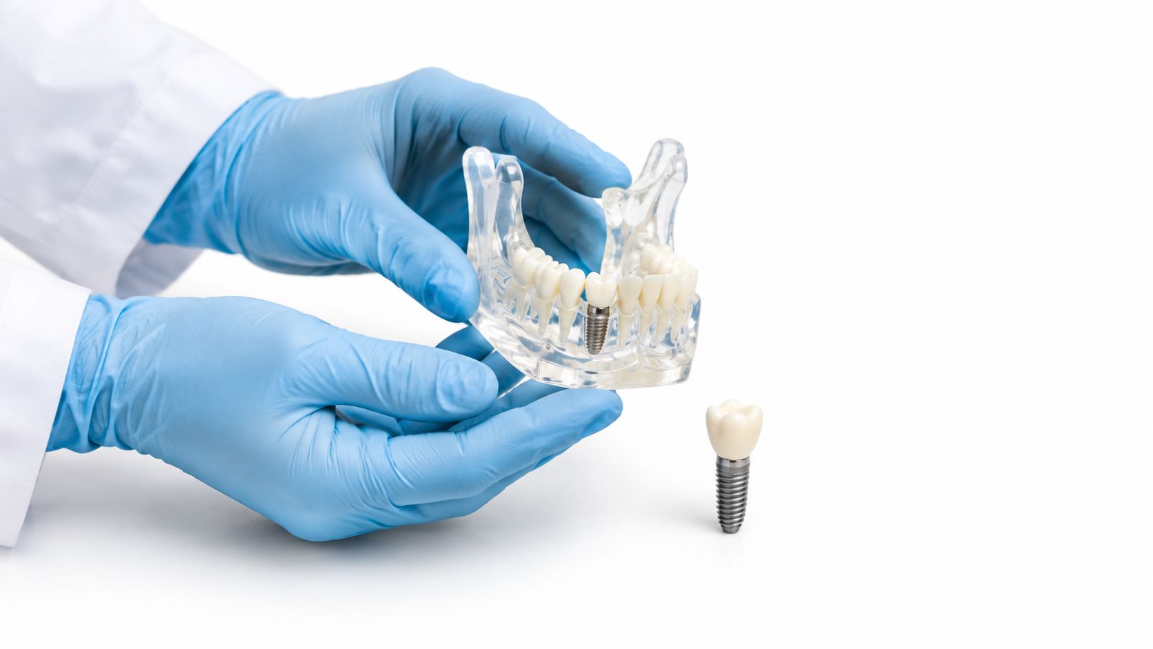 A dentist wearing blue medical gloves holding a clear dental jaw model with a tooth implant.