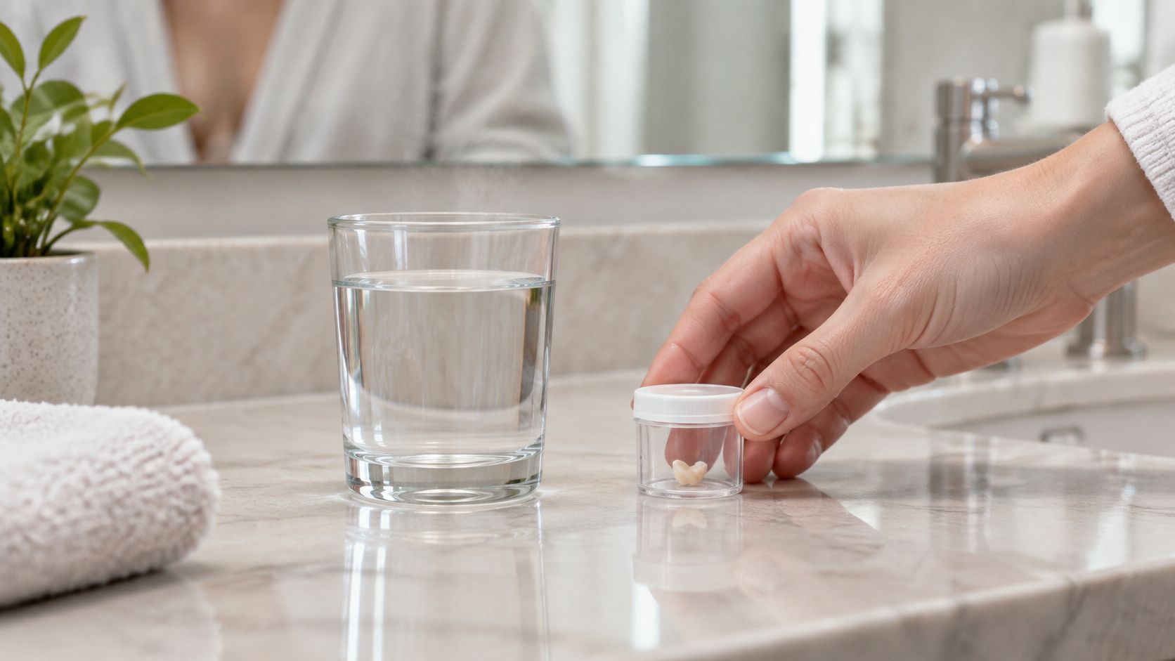 A person holding a small container with a dental crown near a glass of water on a counter.