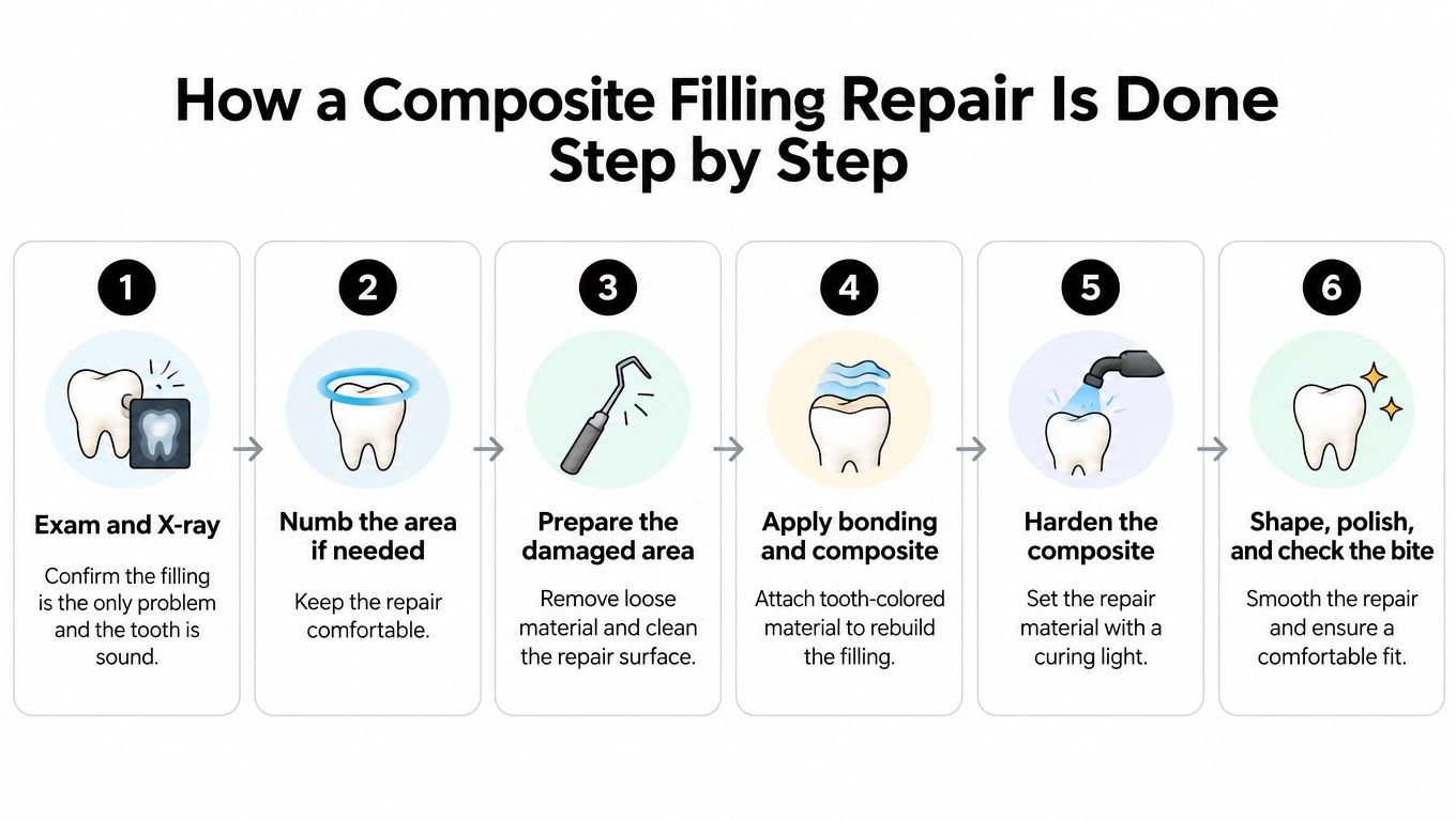 A step-by-step infographic illustrating the professional procedure for repairing a dental composite filling