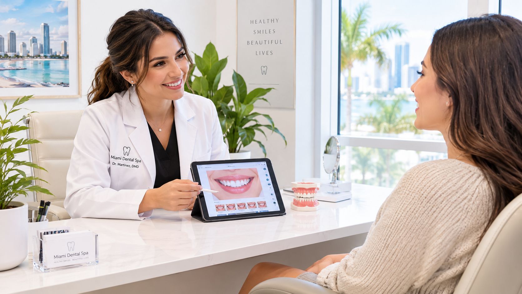 A female dentist discussing a smile transformation with a patient using a tablet in a modern office.