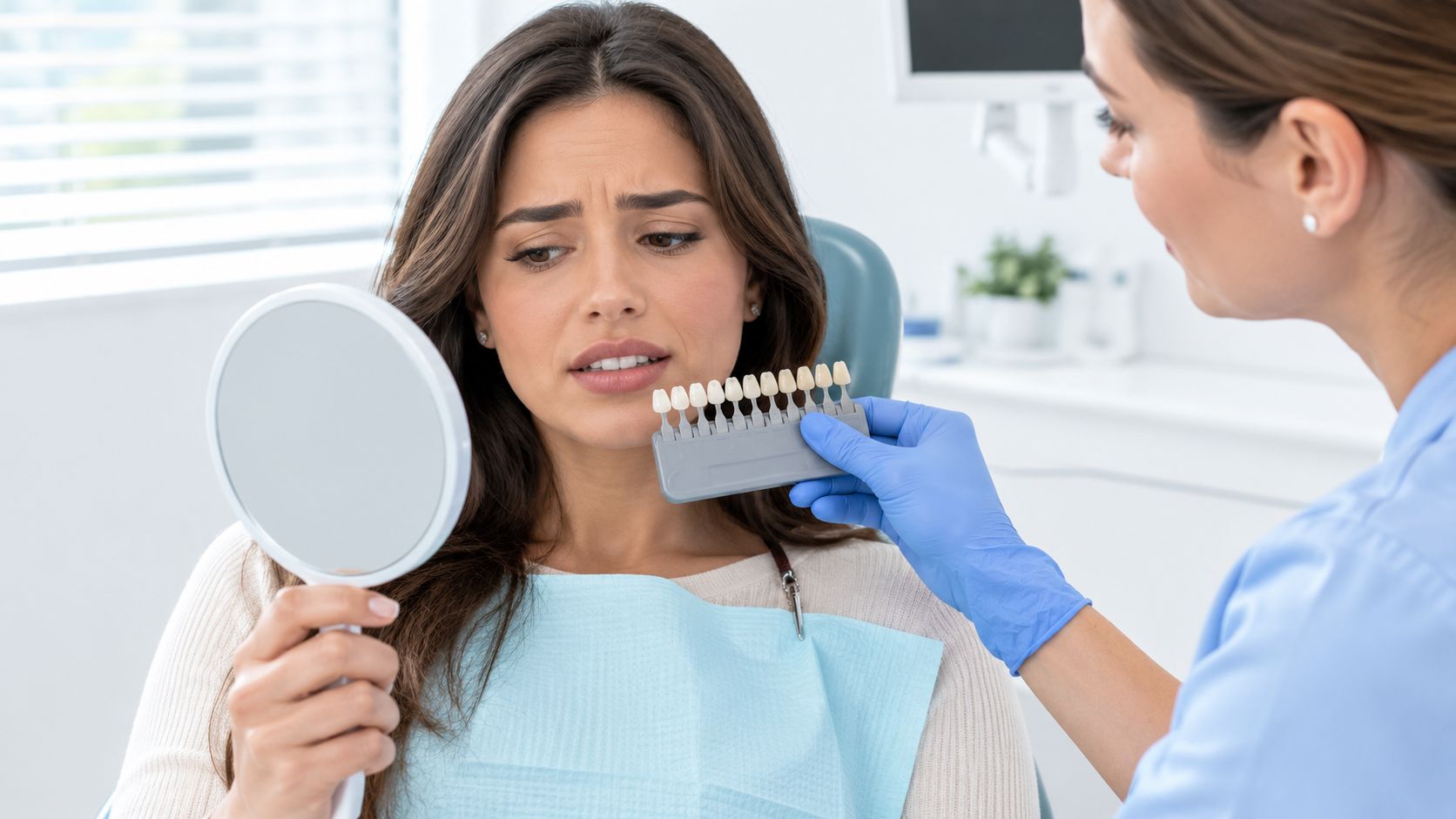 A concerned patient holding a mirror while a dentist compares her tooth shade using a guide