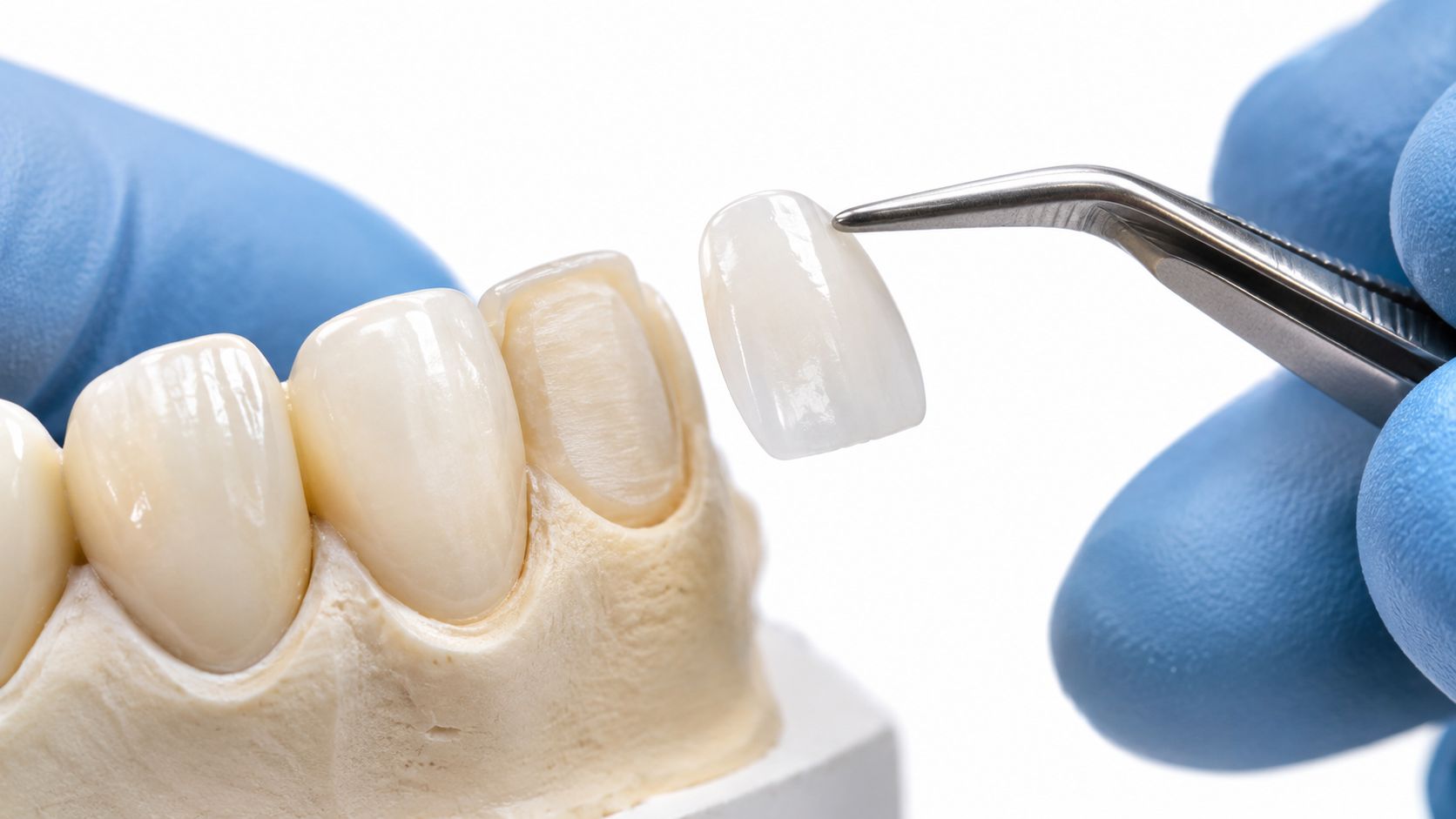 A gloved hand holding a porcelain dental veneer with tweezers over a tooth model for restoration.