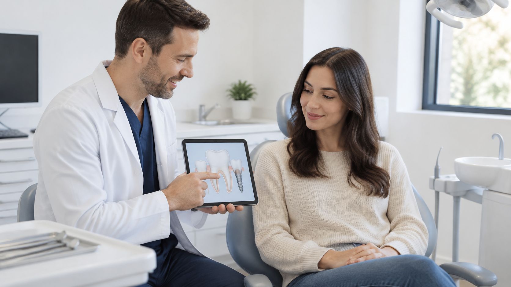 A friendly dentist explaining dental implant procedure to a patient using a tablet in a modern office.