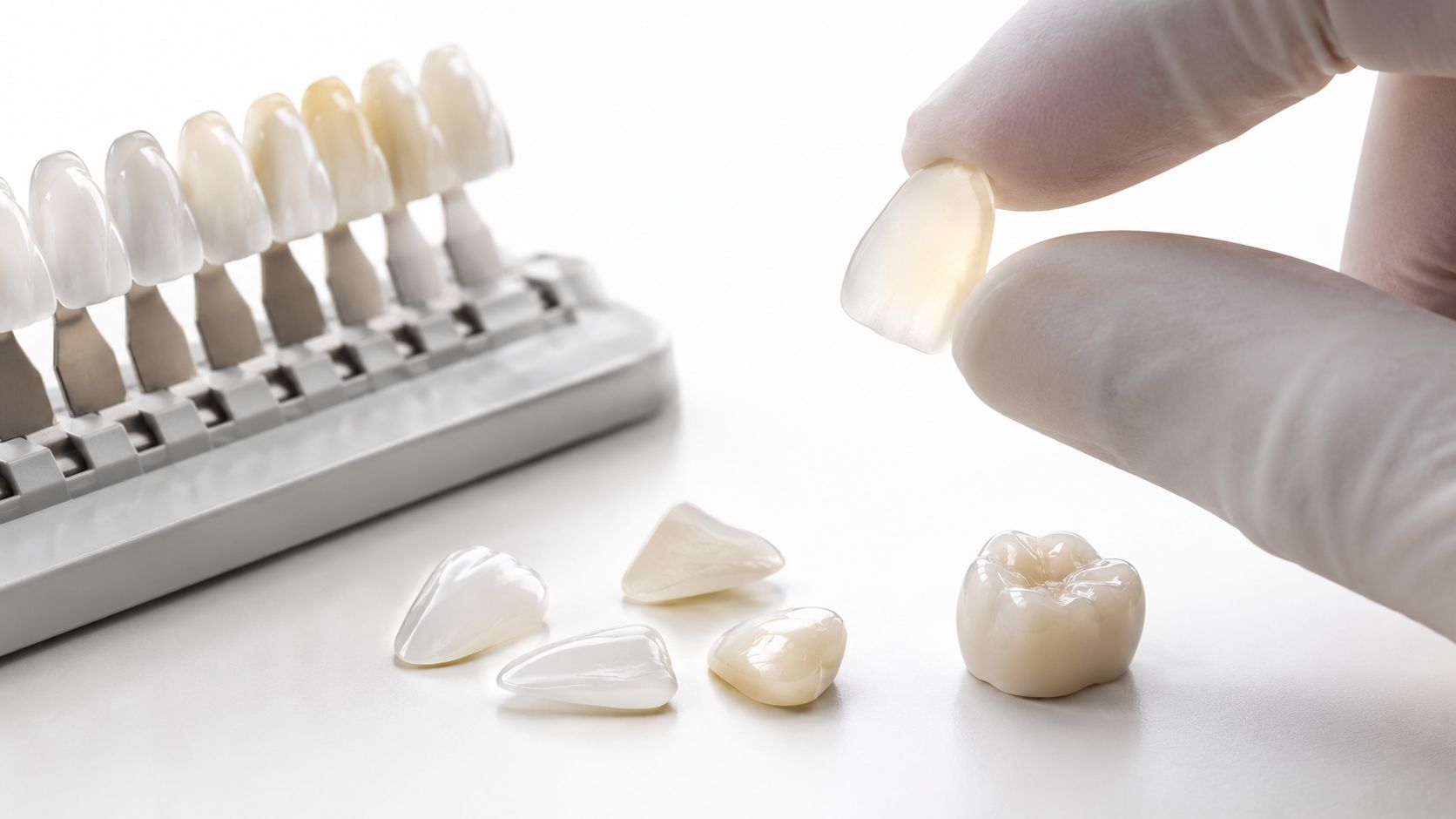 A gloved hand holding a dental veneer to match tooth shades from a dental shade guide kit.