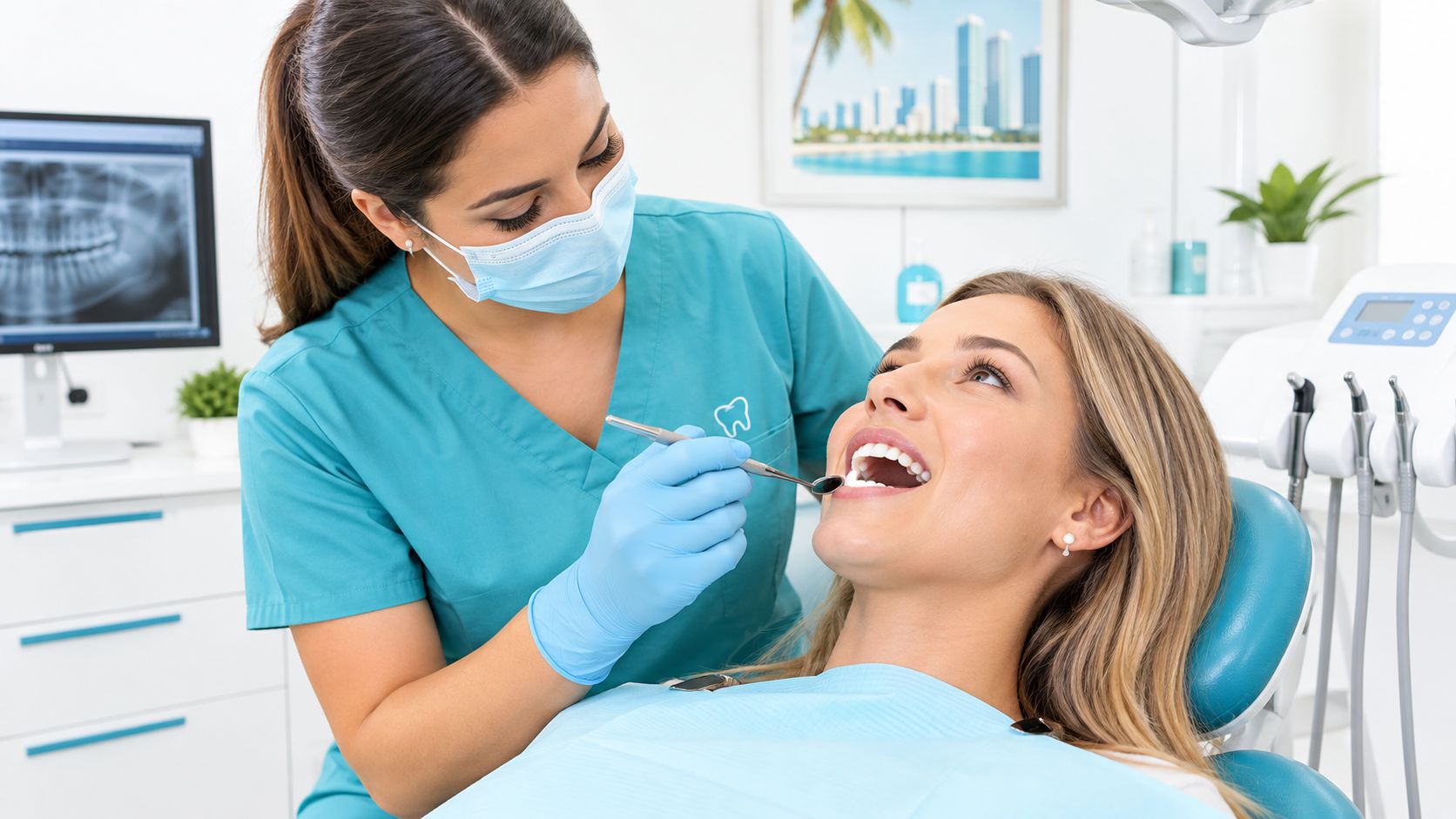 A female dentist in a teal scrub and mask performing a routine checkup on a smiling patient.