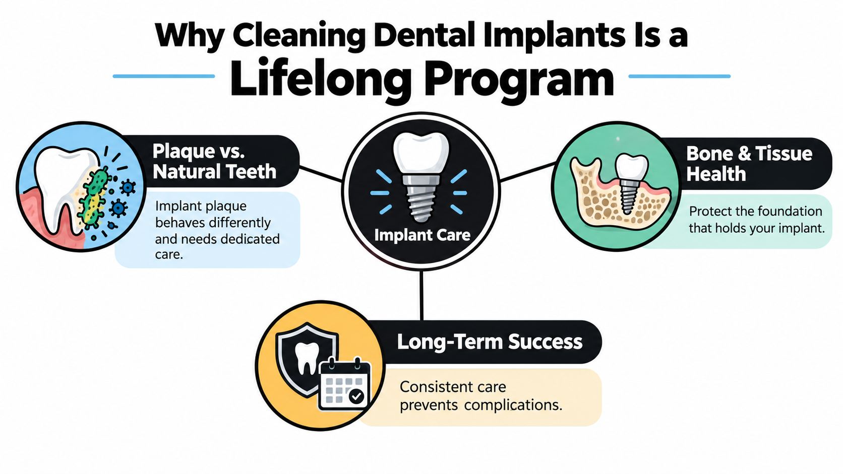 An infographic titled Why Cleaning Dental Implants Is a Lifelong Program, explaining plaque, bone health, and success.
