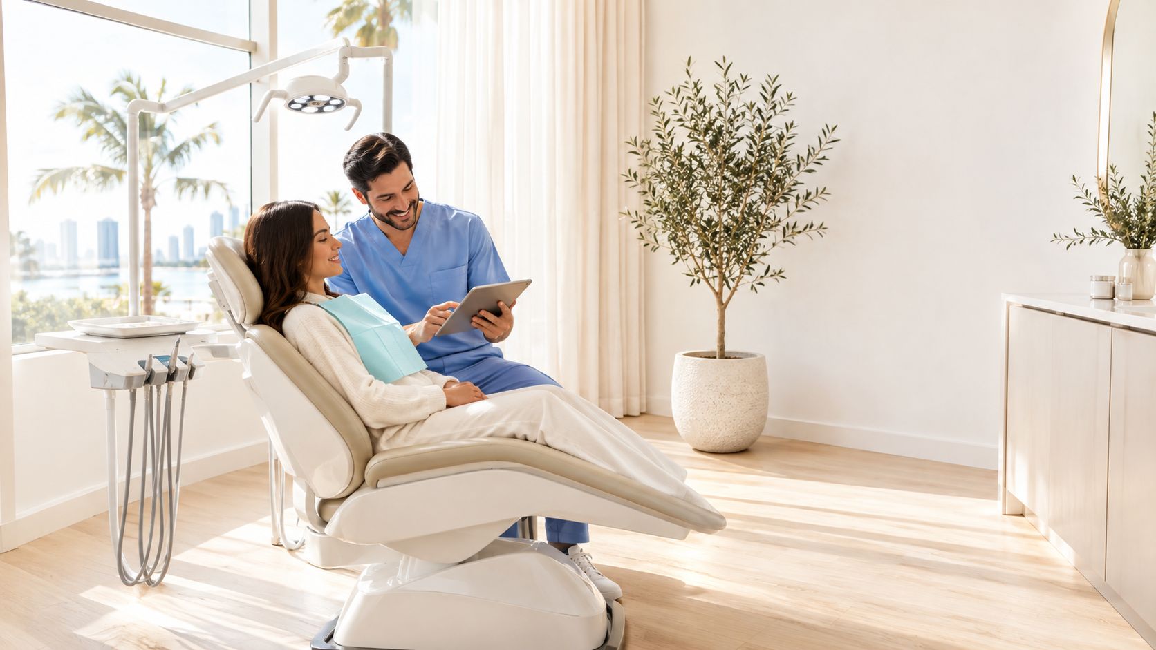 A friendly dentist showing a patient their dental treatment plan on a tablet in a modern office.