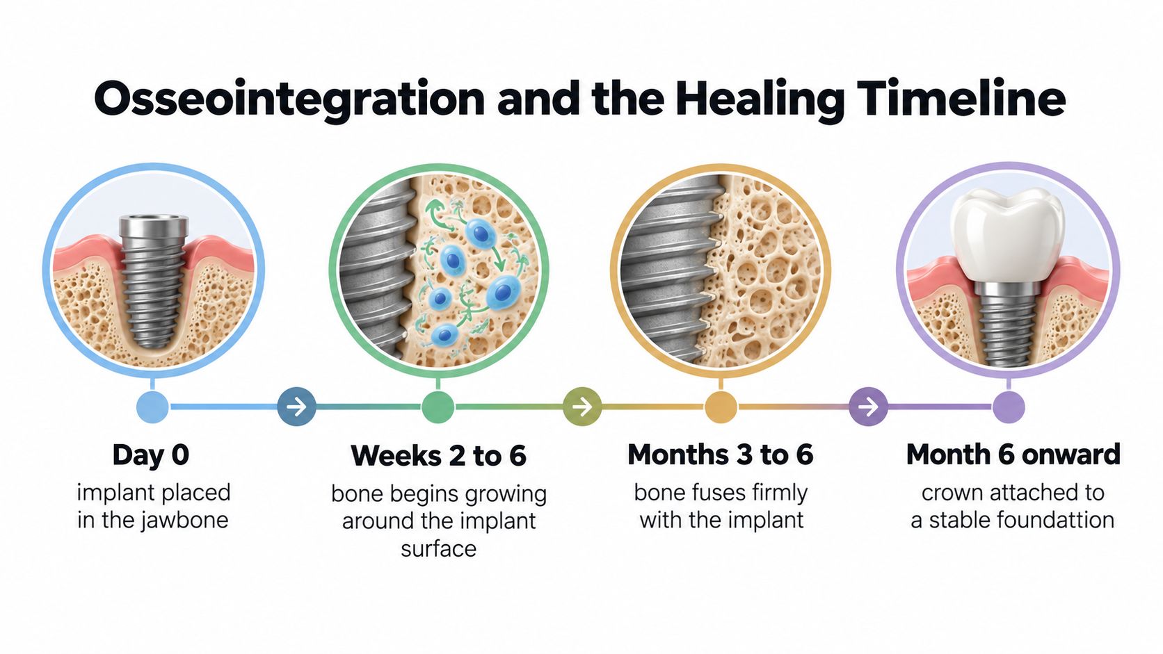 A dental timeline illustration showing the process of osseointegration from initial implant placement to permanent crown attachment.