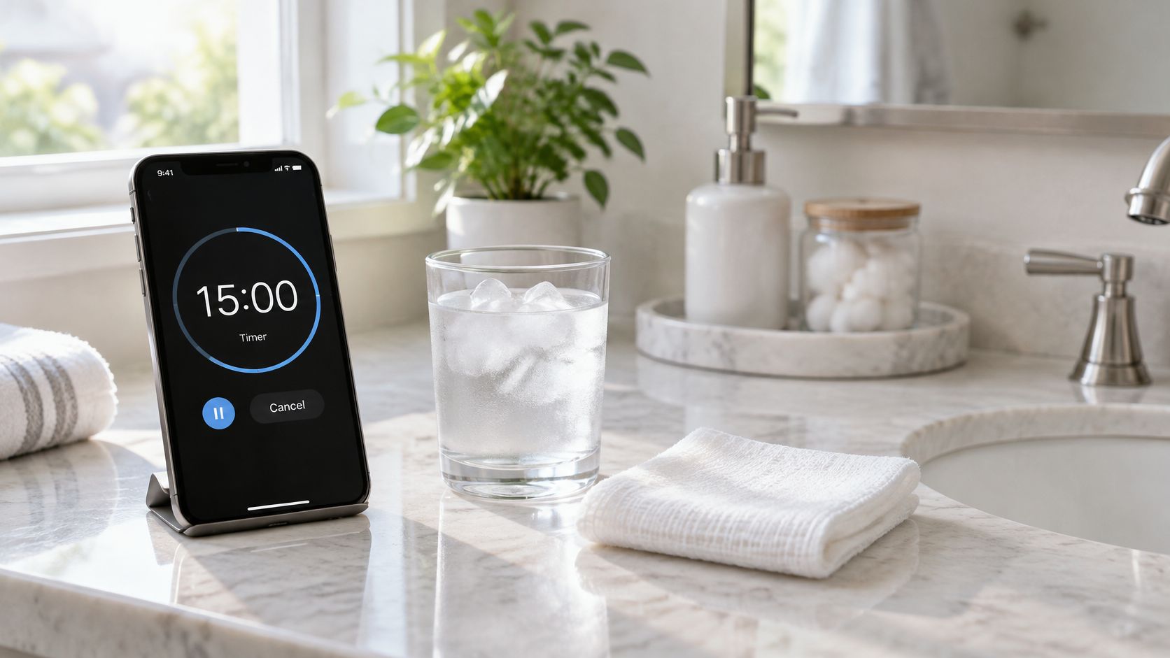 A smartphone showing a fifteen-minute timer on a marble bathroom counter next to a glass of water.