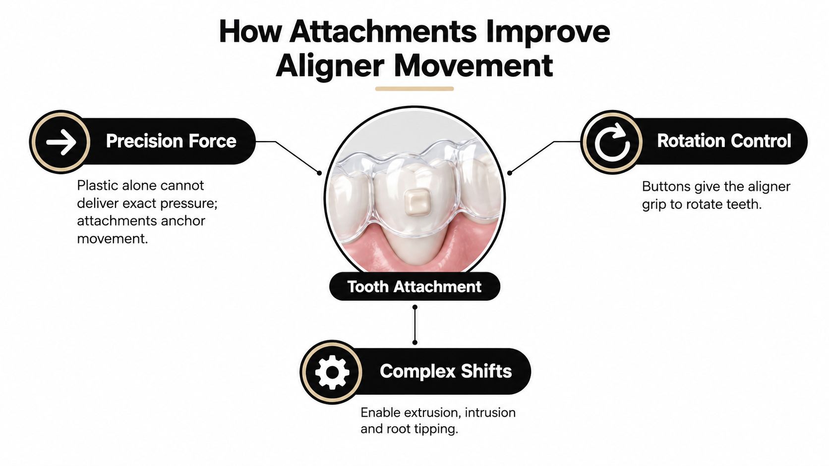 A diagram showing how dental aligner attachments provide precision force, rotation control, and enable complex tooth movements.