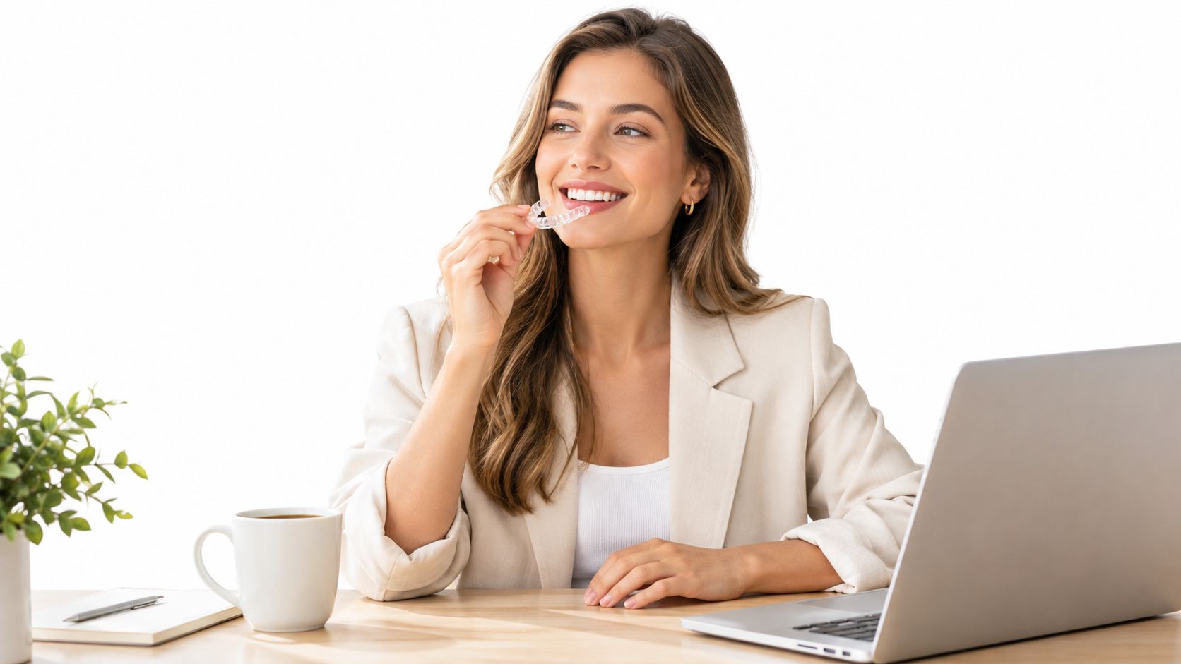 A professional woman in a blazer sitting at a desk with a laptop while holding Invisalign aligners.