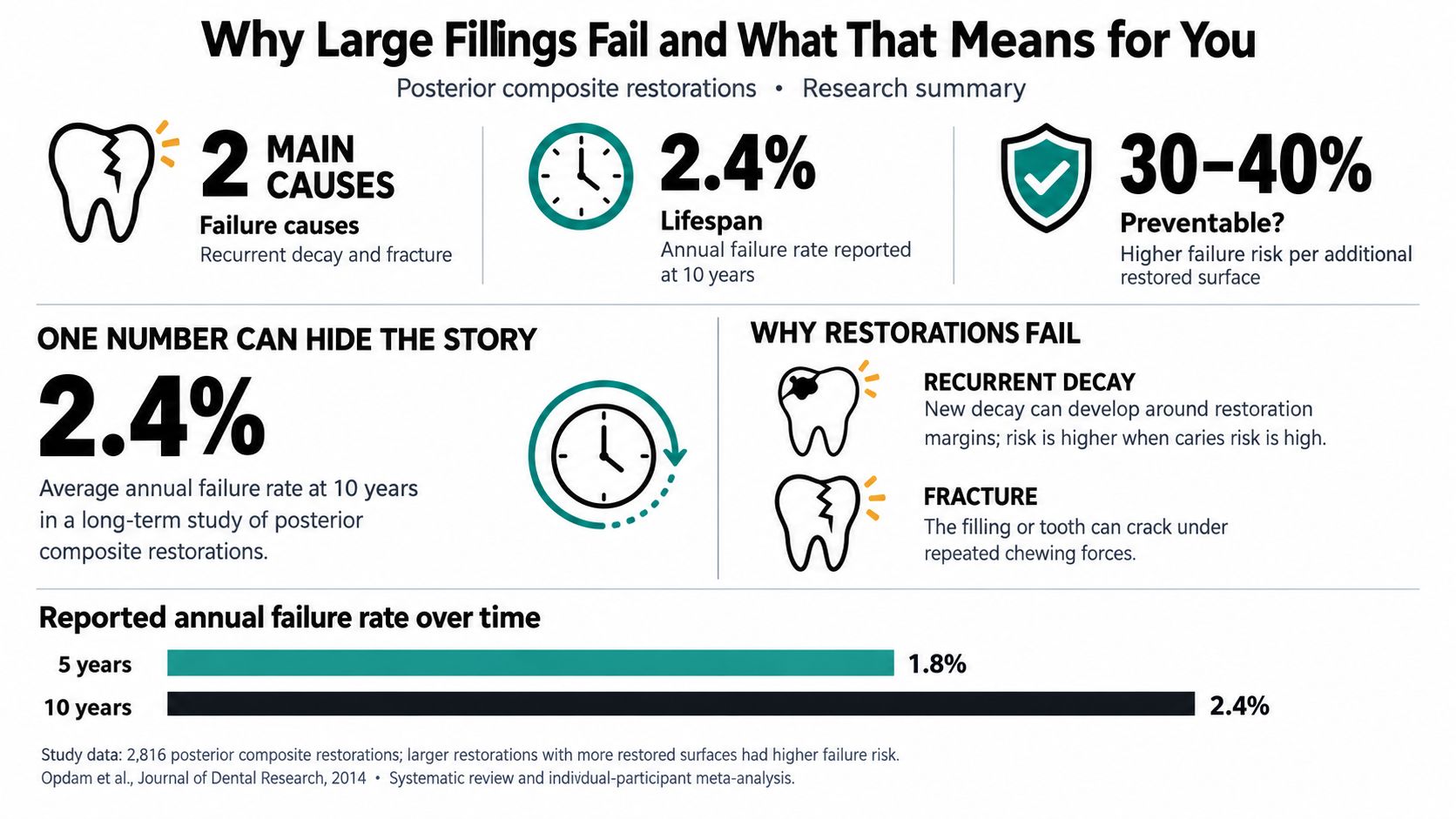 An infographic showing research summary on why large composite dental fillings fail over time.
