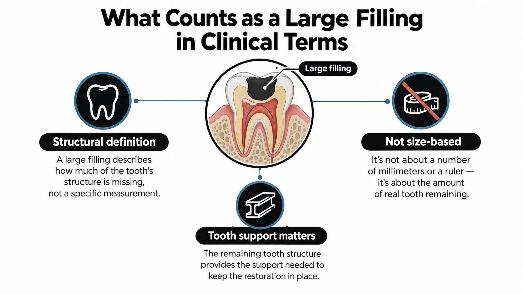 An infographic explaining that a large dental filling is determined by remaining tooth structure, not measurement.