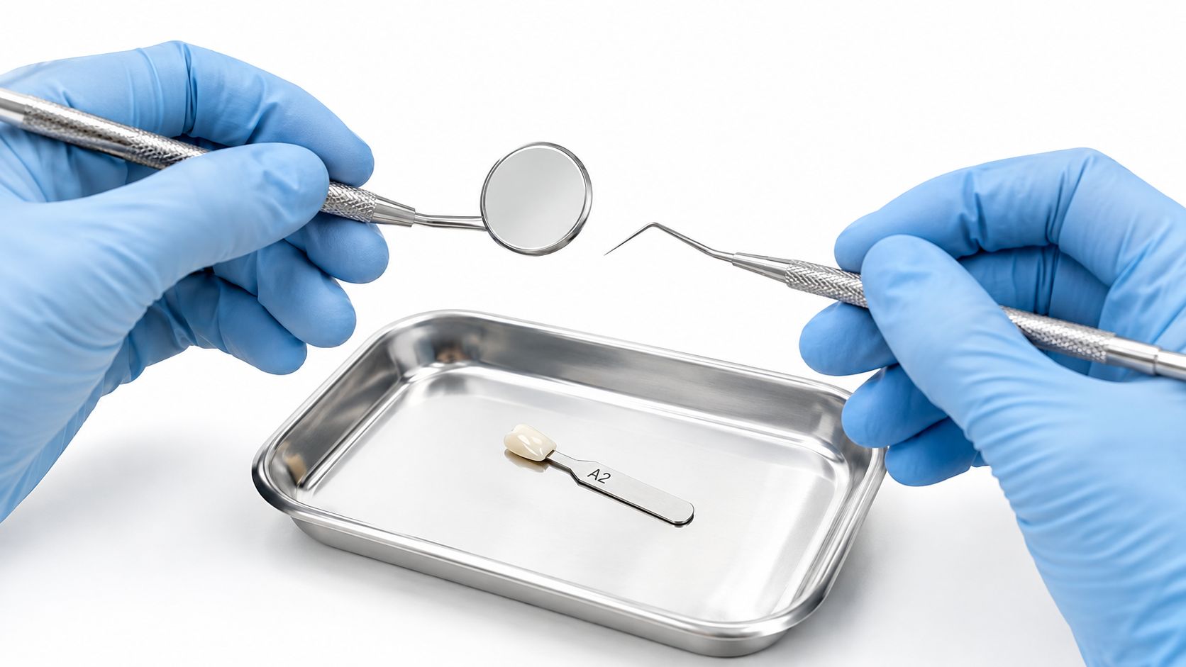 A dentist wearing blue gloves holds dental tools above a metal tray containing a tooth shade guide.