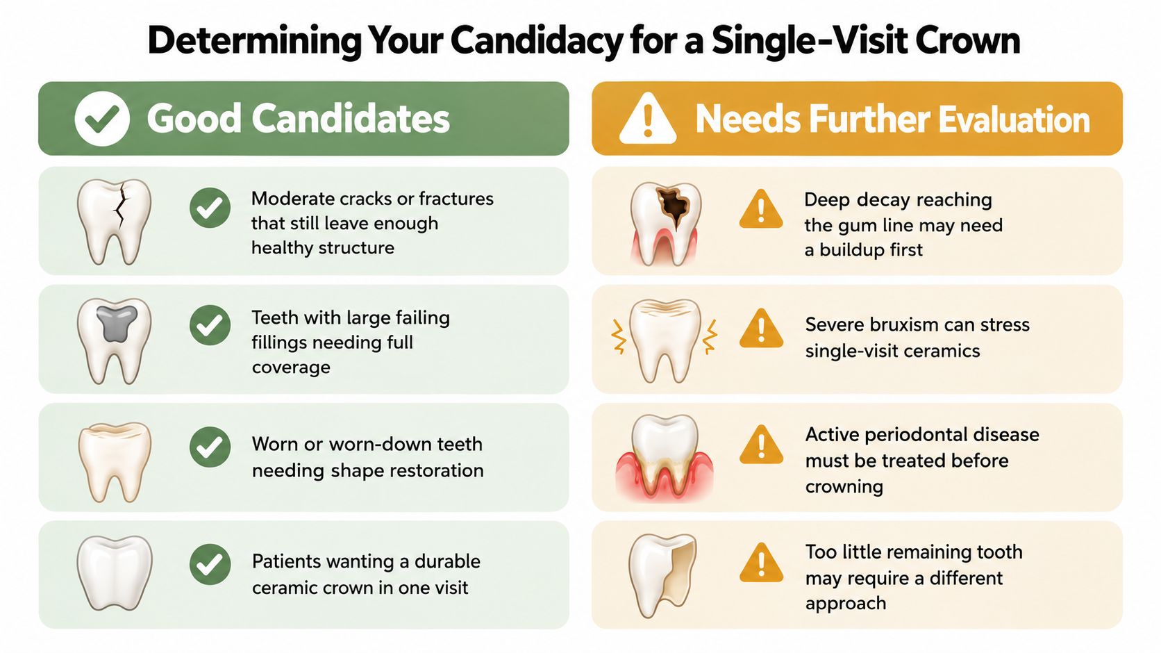 A dental infographic comparing suitable and unsuitable candidates for single-visit crown procedures based on tooth condition.